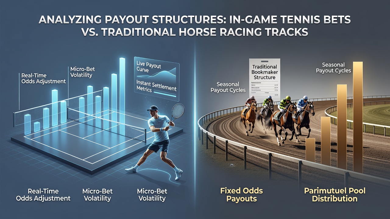 Side-by-side comparison of digital tennis betting interface and traditional horse racing tote board showing payout calculations