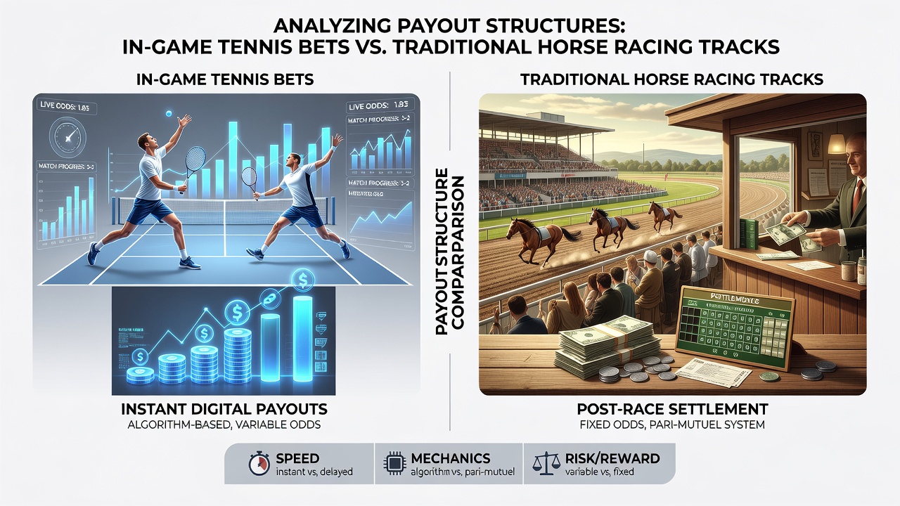 Close-up view of tote board at a horse racing track displaying final dividends next to a mobile screen showing live tennis match odds