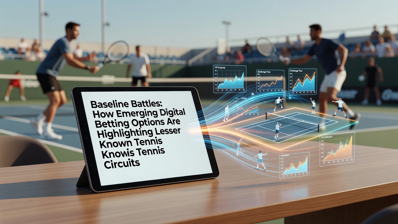 Tennis players competing on an outdoor clay court during a challenger tournament with digital betting interfaces visible on nearby screens