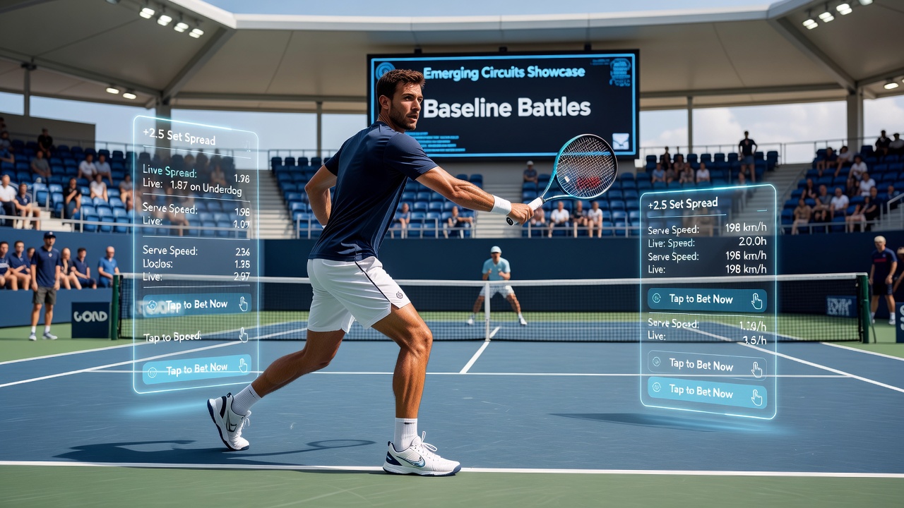 Close-up of a tennis racket striking a ball on a hard court with betting statistics overlay graphics