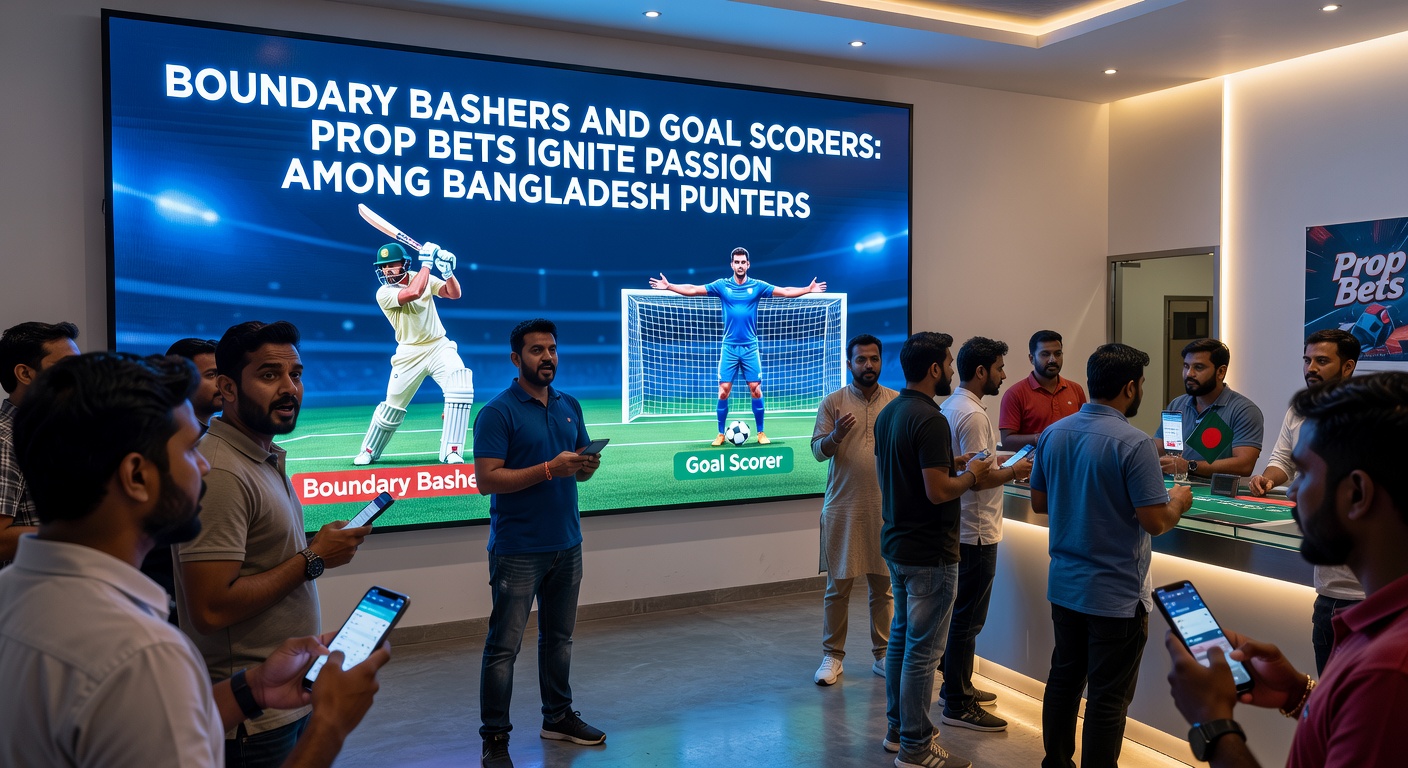 Vibrant stadium scene with a cricket boundary shot and a football goal celebration, highlighting prop bet excitement among punters