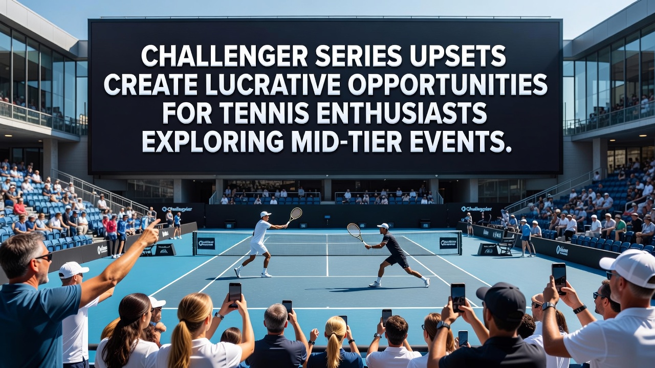Tennis players competing on an outdoor clay court during an ATP Challenger Series event with spectators in the background