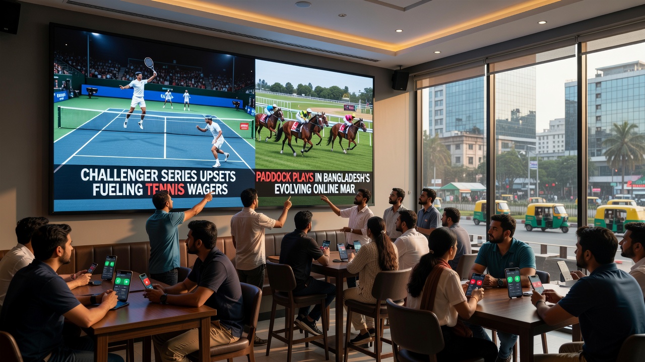 Horse racing paddock scene with digital betting overlay on a Bangladesh platform interface