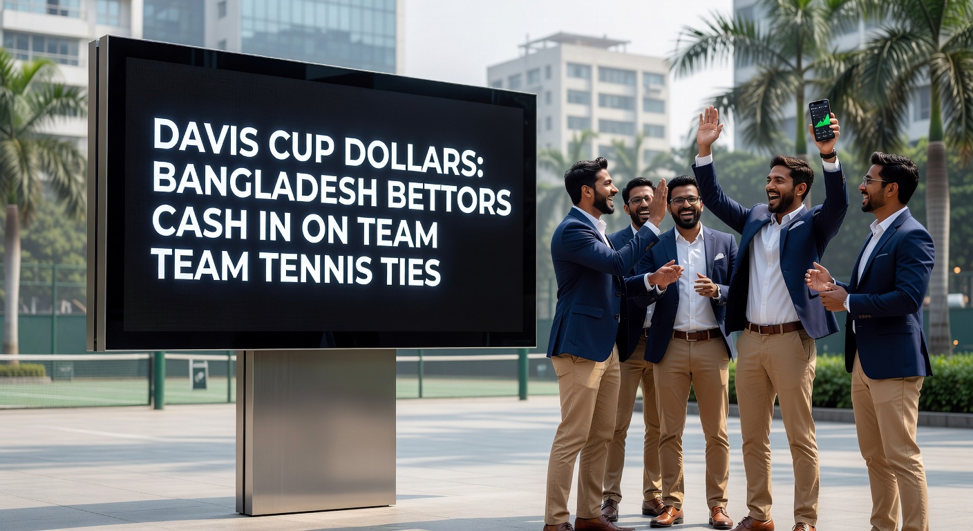 Intense Davis Cup doubles match with players lunging for the ball amid cheering crowds, highlighting the high-stakes team tennis action drawing global bets