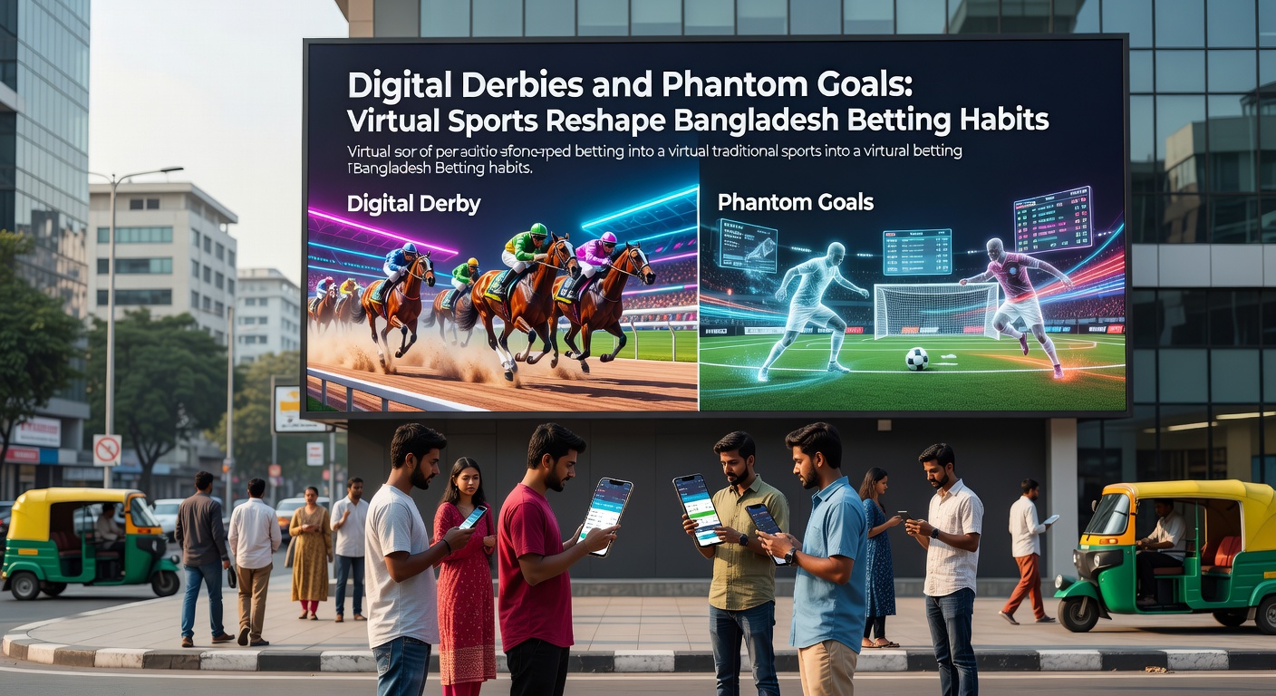 Digital screen displaying a simulated horse race with horses thundering towards a virtual finish line, crowds cheering in the background