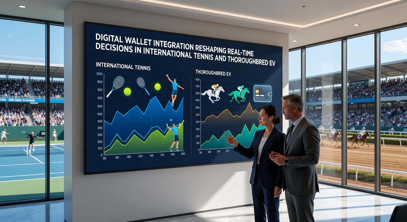 Thoroughbred race at the final stretch with bettors checking live odds on mobile devices connected to digital wallets