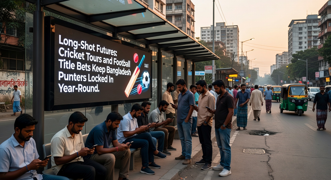 Vibrant stadium scene with cricket players in action during an international tour match, overlaid with digital betting odds for future outcomes