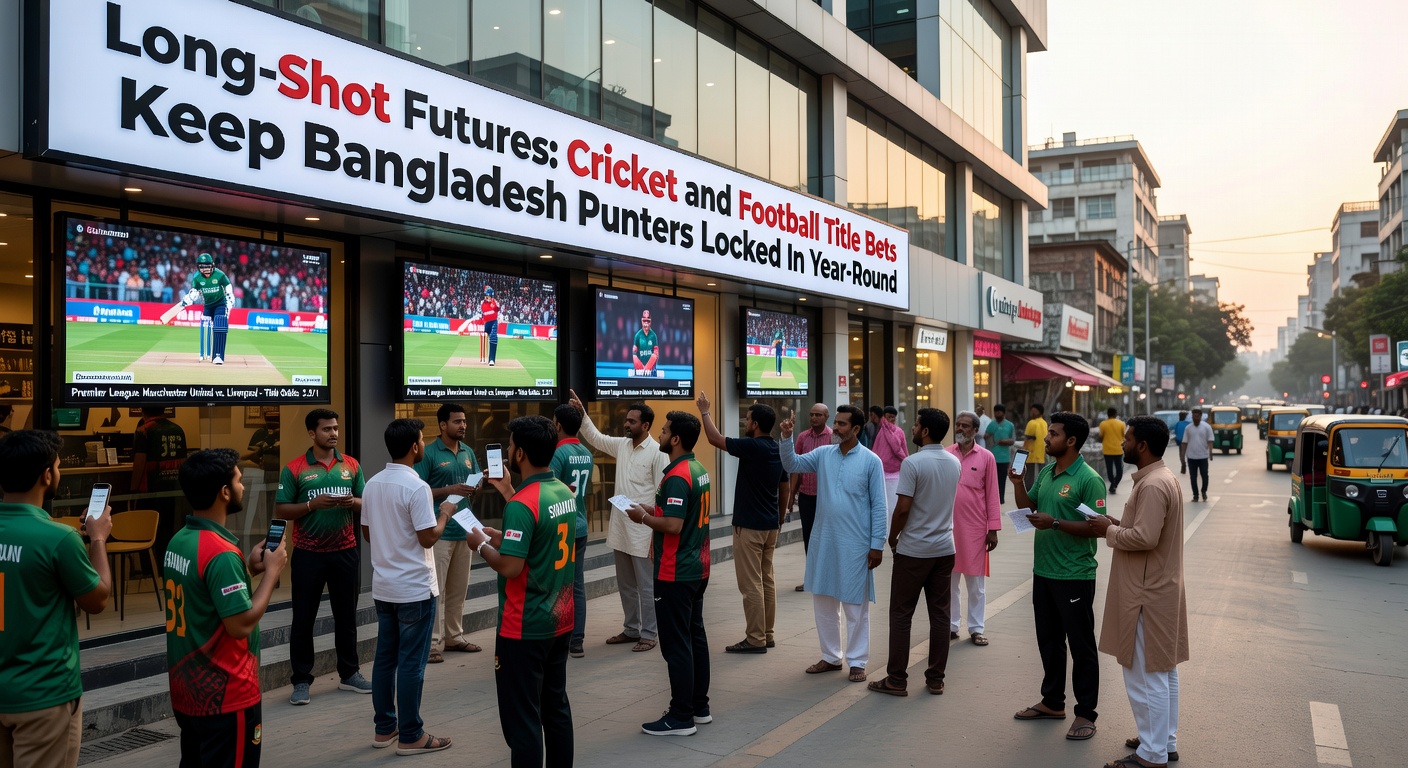 Dynamic graphic showing football league standings table with futures betting odds highlighted, alongside a cricket tour schedule calendar for Bangladesh national team