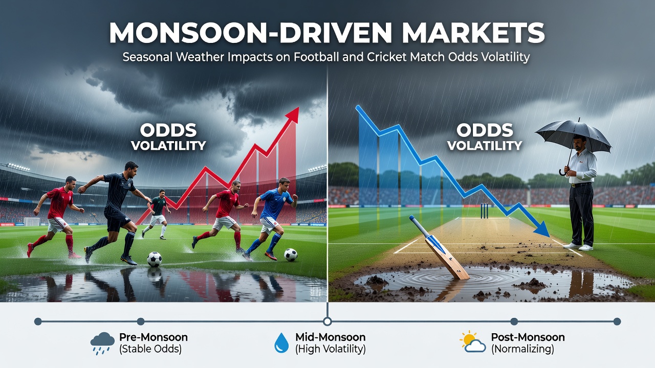 Monsoon clouds over a cricket stadium with betting odds displayed on digital boards