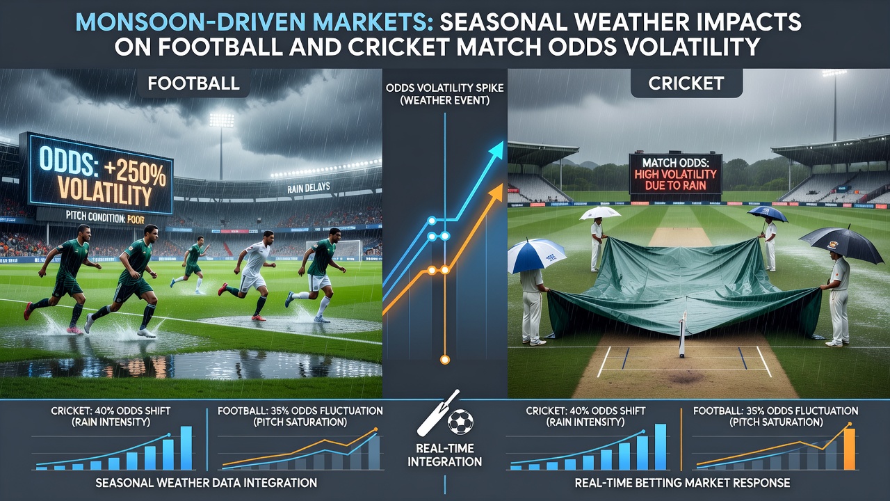 Football pitch covered in rainwater with odds volatility charts overlaid
