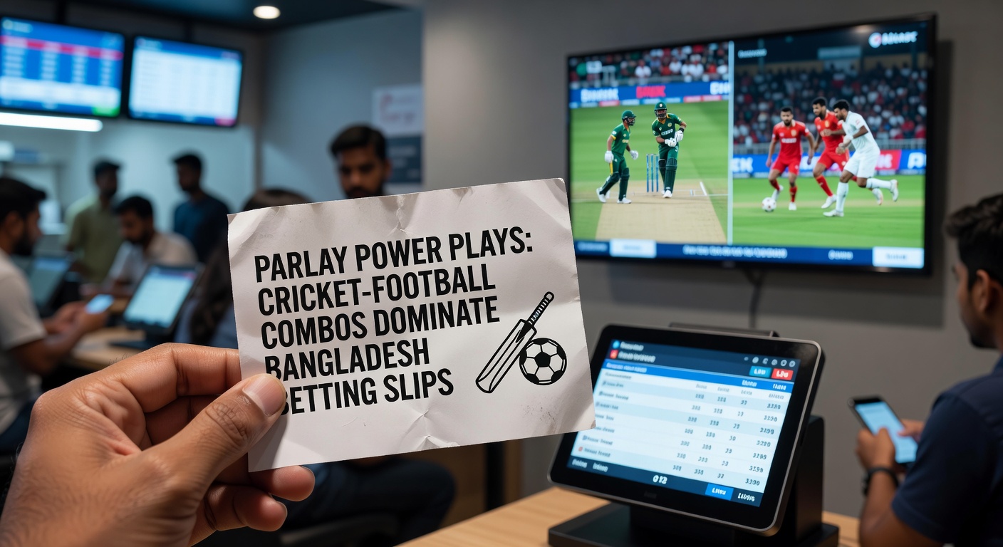Vibrant digital betting slip showing combined cricket and football parlay bets with odds multipliers, popular among Bangladesh punters