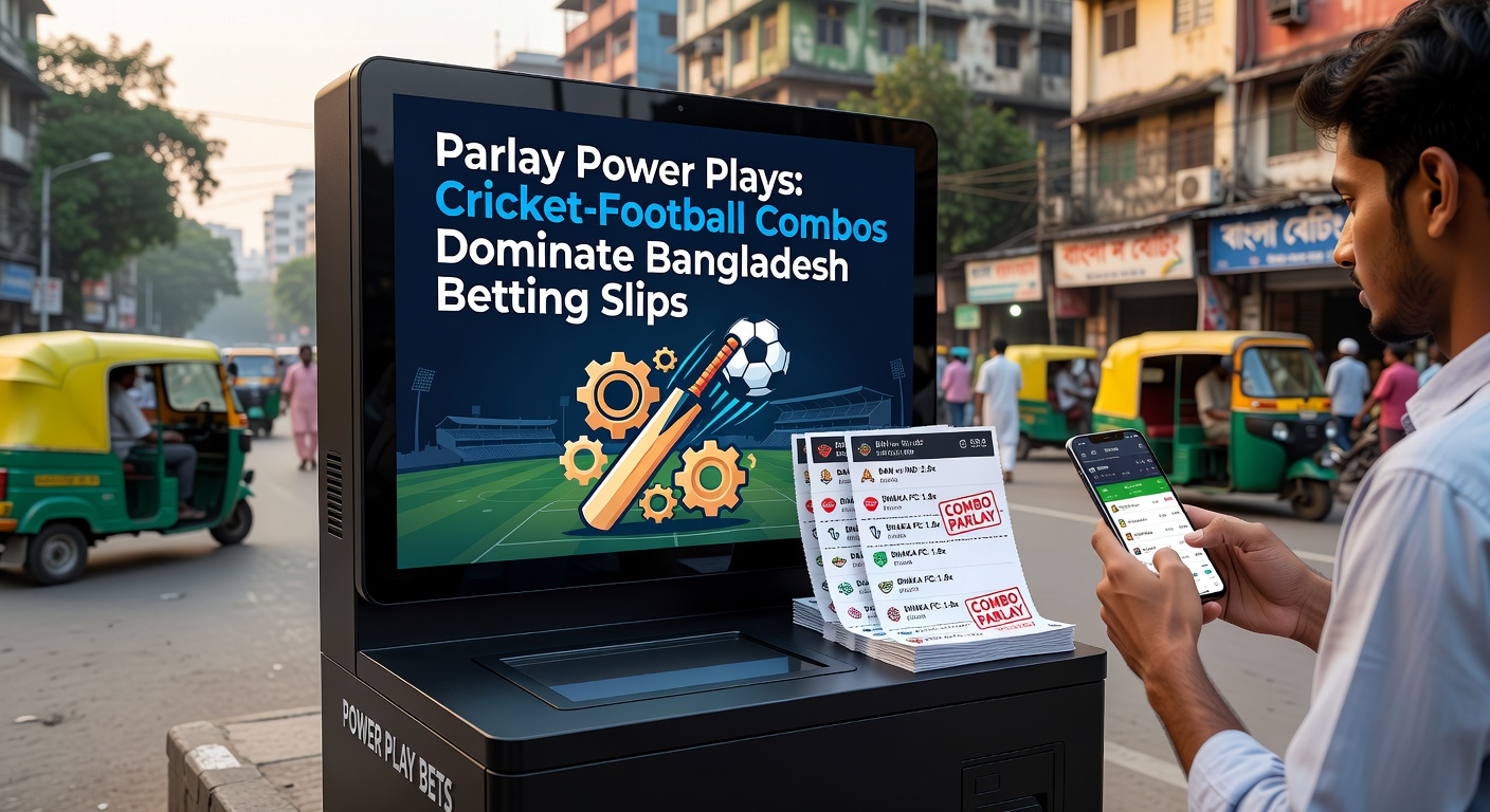 Close-up of a mobile betting app interface displaying a successful parlay payout from a cricket over and football goal combo, with Bangladesh flags and odds charts