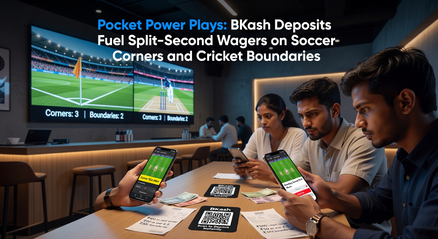 Cricket stadium scene with boundary rope, overlaid by BKash app interface showing live wager on next six