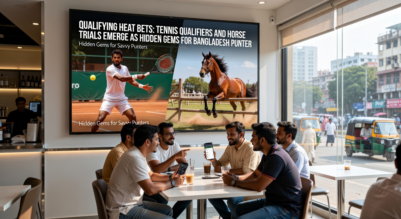 Horse racing trial on a sunny track, with a field of young thoroughbreds charging past the stands, emphasizing speed and early form assessment