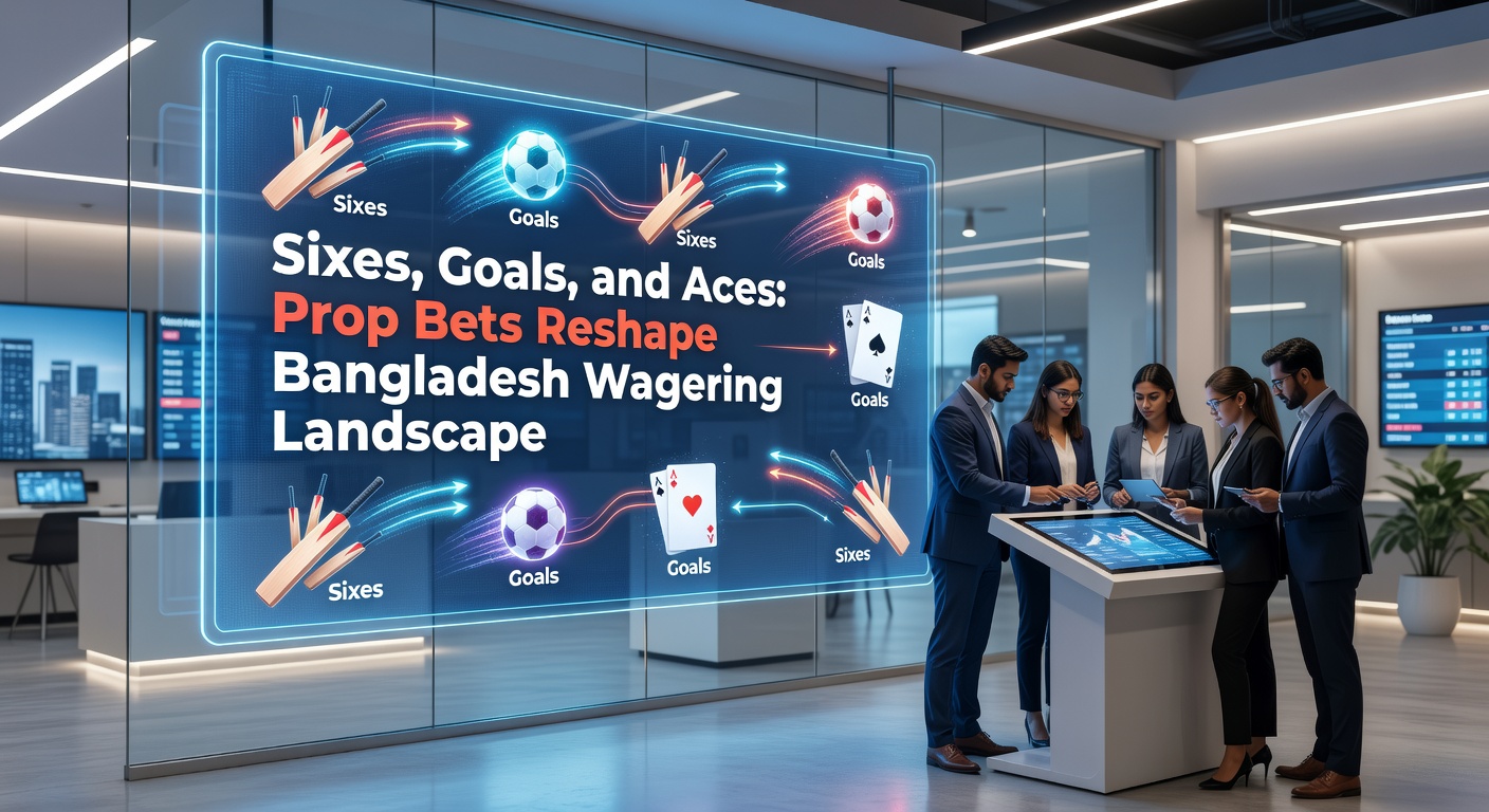 Vibrant collage of a cricket six soaring over the boundary, a football goal celebration, and a tennis ace serve, symbolizing the prop bet boom in Bangladesh