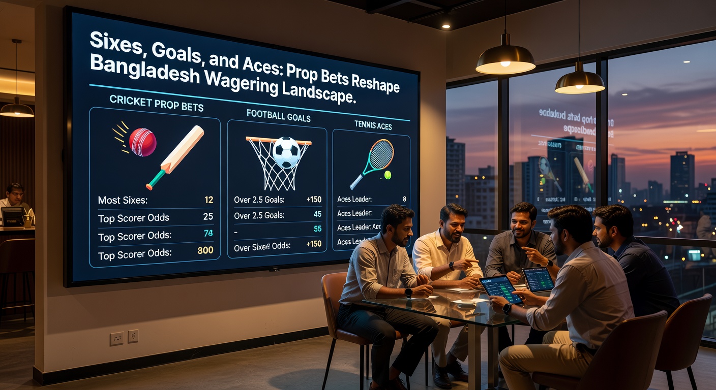 Dynamic split-image of bettors on mobile apps placing props during a live cricket match, football goal line, and tennis rally, capturing Bangladesh's evolving wagering scene