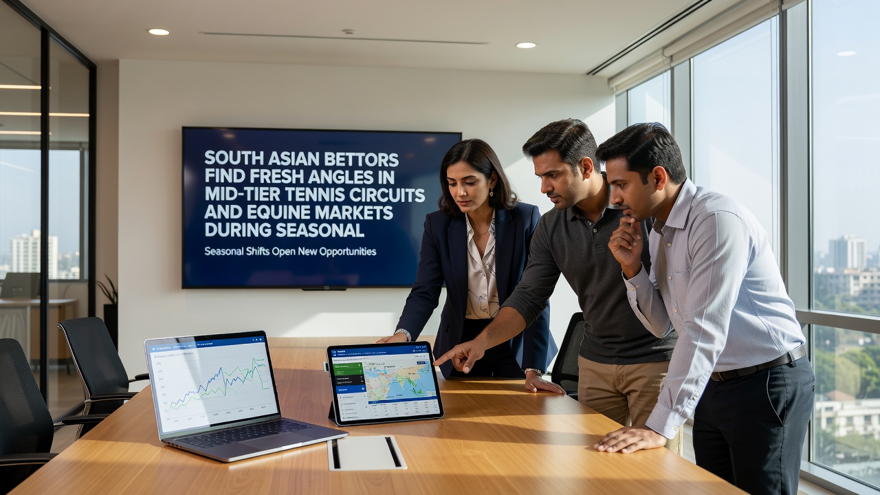 Horse racing action at an Asian track with bettors reviewing form guides on tablets