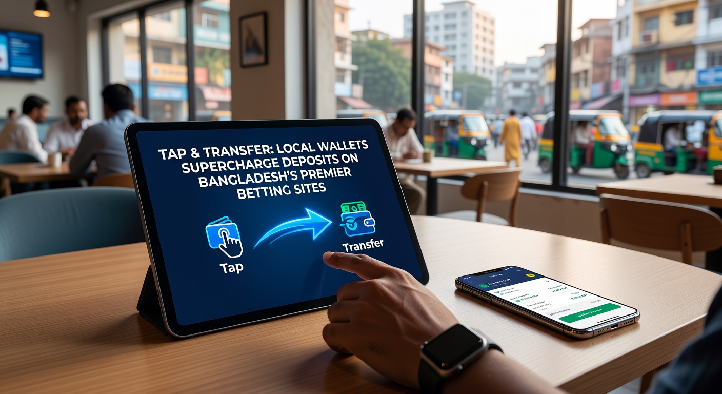 Close-up of hands tapping a phone to transfer funds from a local wallet app directly into a vibrant betting site dashboard, with success notification popping up