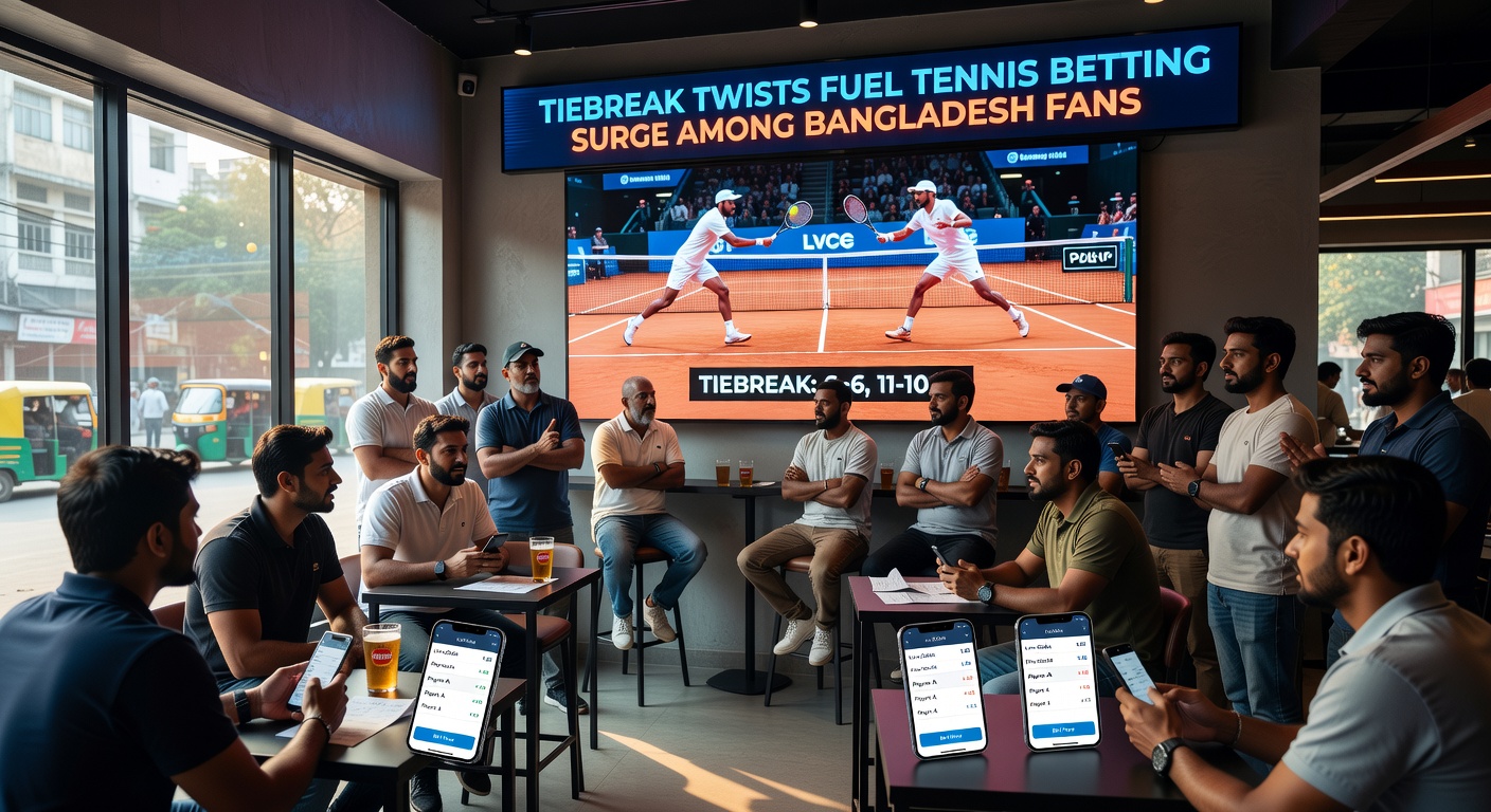 Close-up of tennis scoreboard showing tiebreak at 5-5, players sweating on opposite sides of net amid stadium lights
