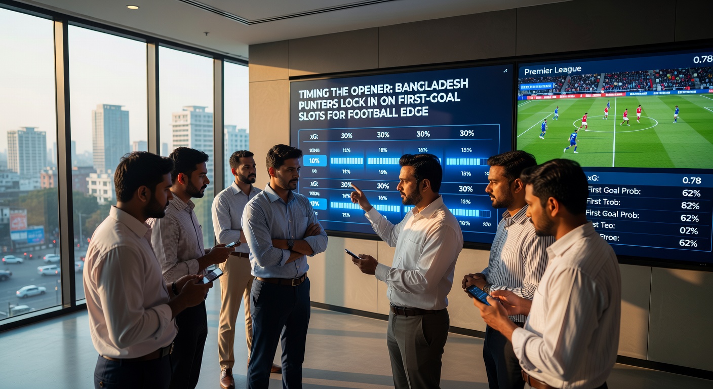 A digital betting interface displaying first-goal timing markets, with slots highlighted for a live Premier League match popular among Bangladesh punters
