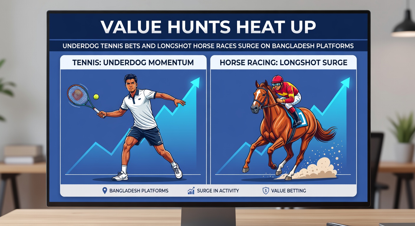 A longshot horse surges past favorites in a dramatic finish at an international track, crowd in the background erupting as Bangladesh bettors watch live streams