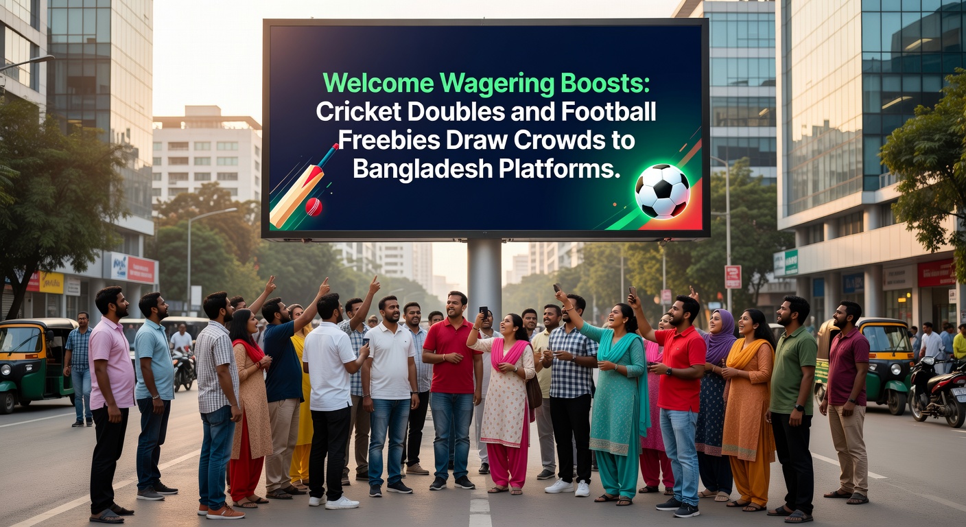 Vibrant scene of bettors on mobile devices claiming cricket double odds and football free bet promotions at a bustling Bangladesh betting platform