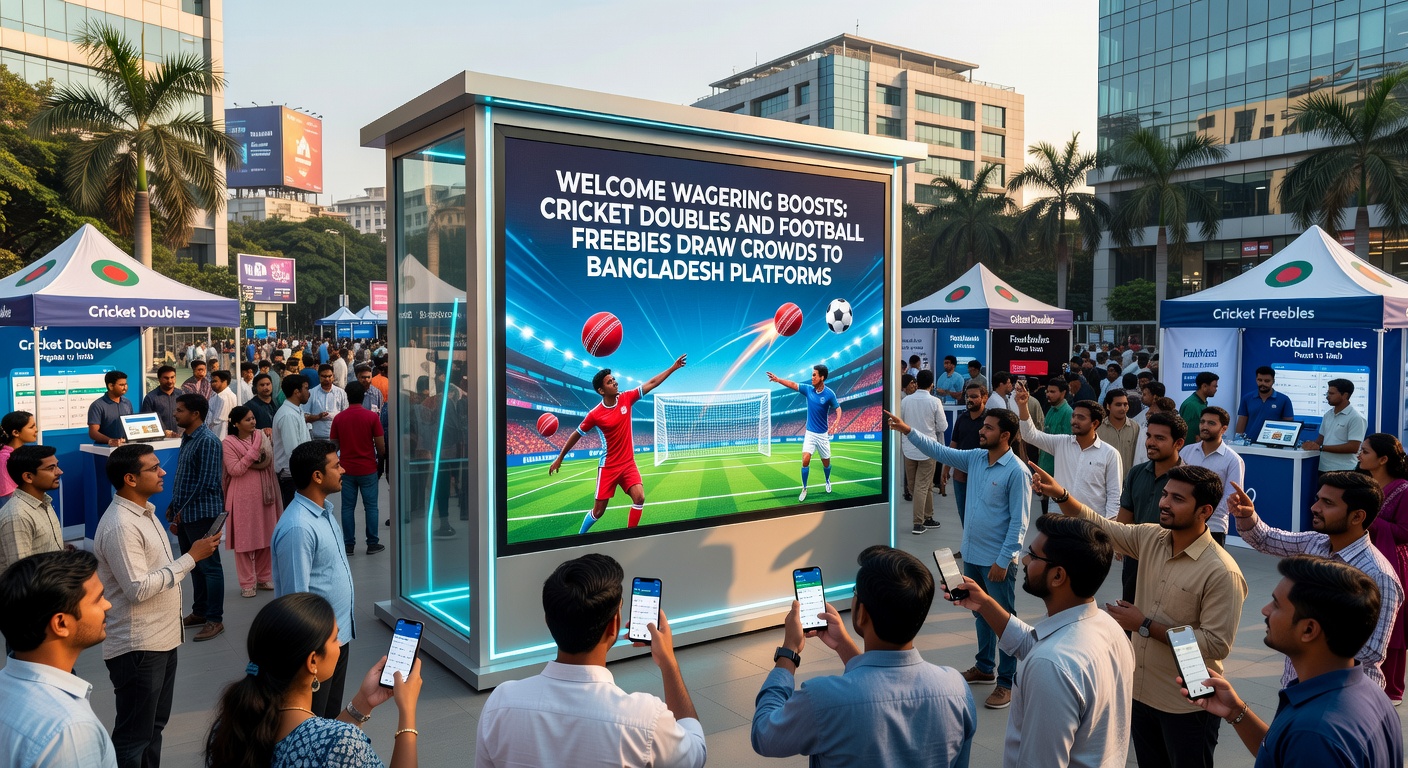 Dynamic graphic showing doubled odds on a cricket double bet alongside a stack of football free bet tokens on a Bangladesh betting app interface