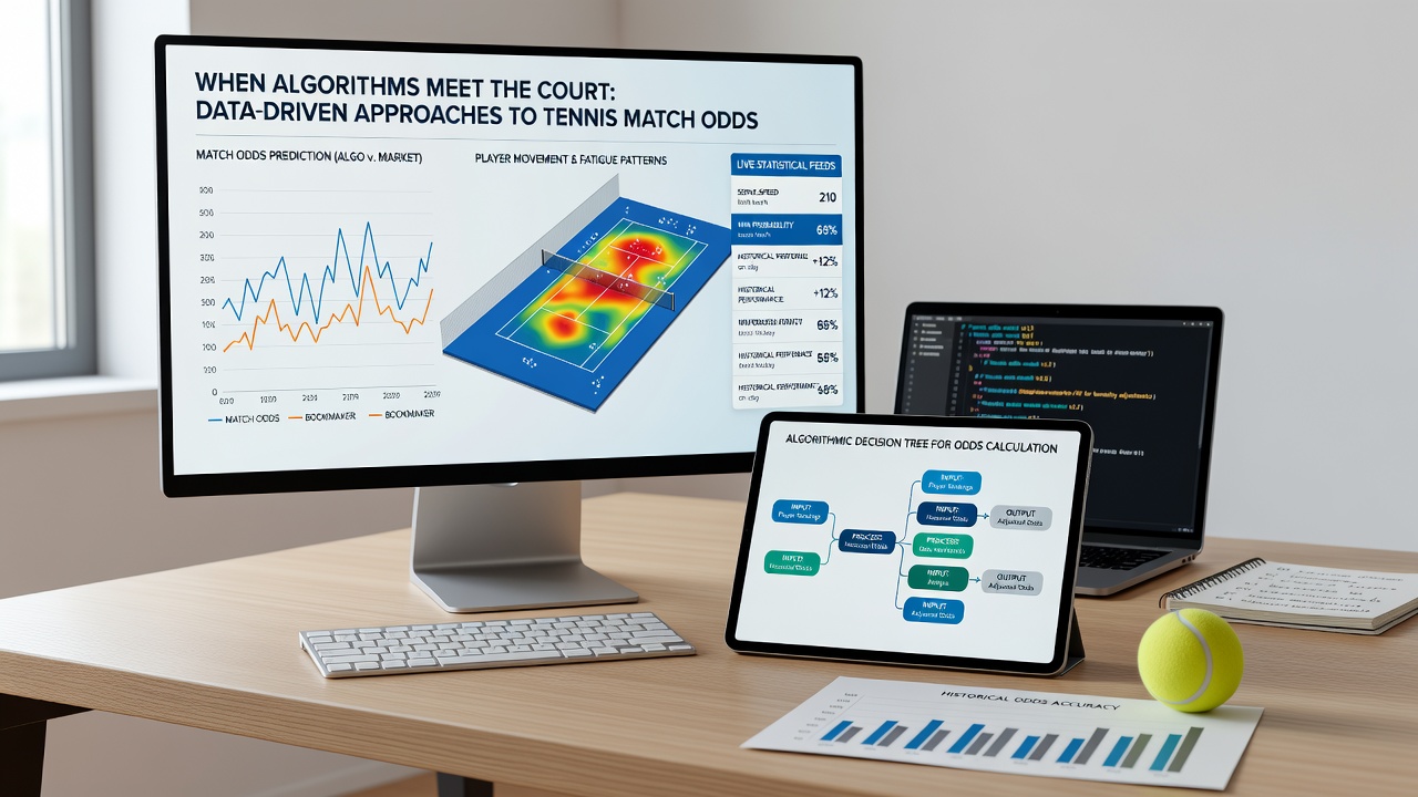 Analyst reviewing tennis match data on multiple screens with probability charts and live odds updates