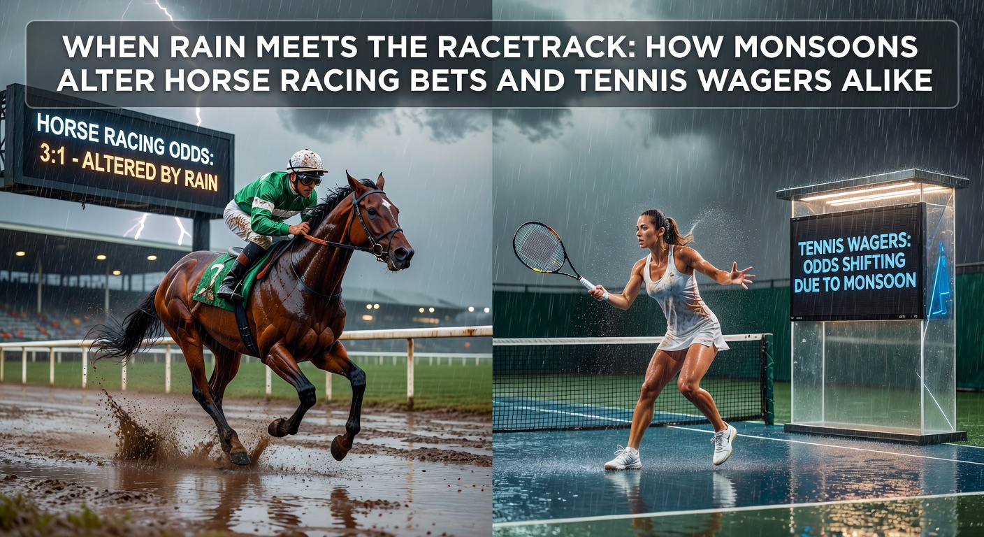 Heavy monsoon rains flooding a horse racing track with bettors checking updated odds on mobile devices